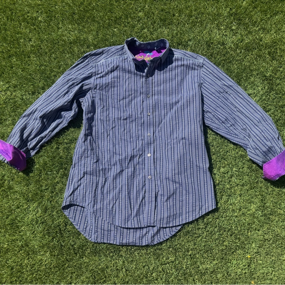 Robert Graham Navy and Purple Striped Button-Up with Embroidered Inner Panel